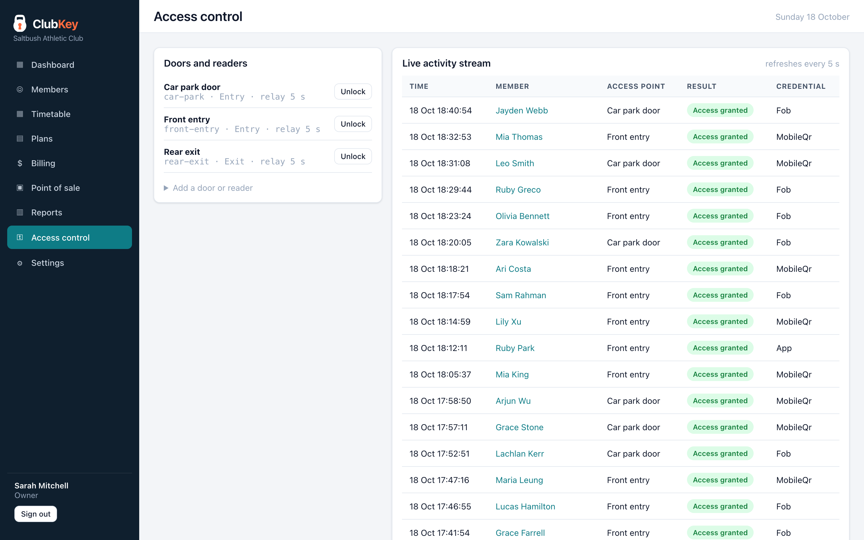 ClubKey's door access log: entries granted and refused, with times and members
