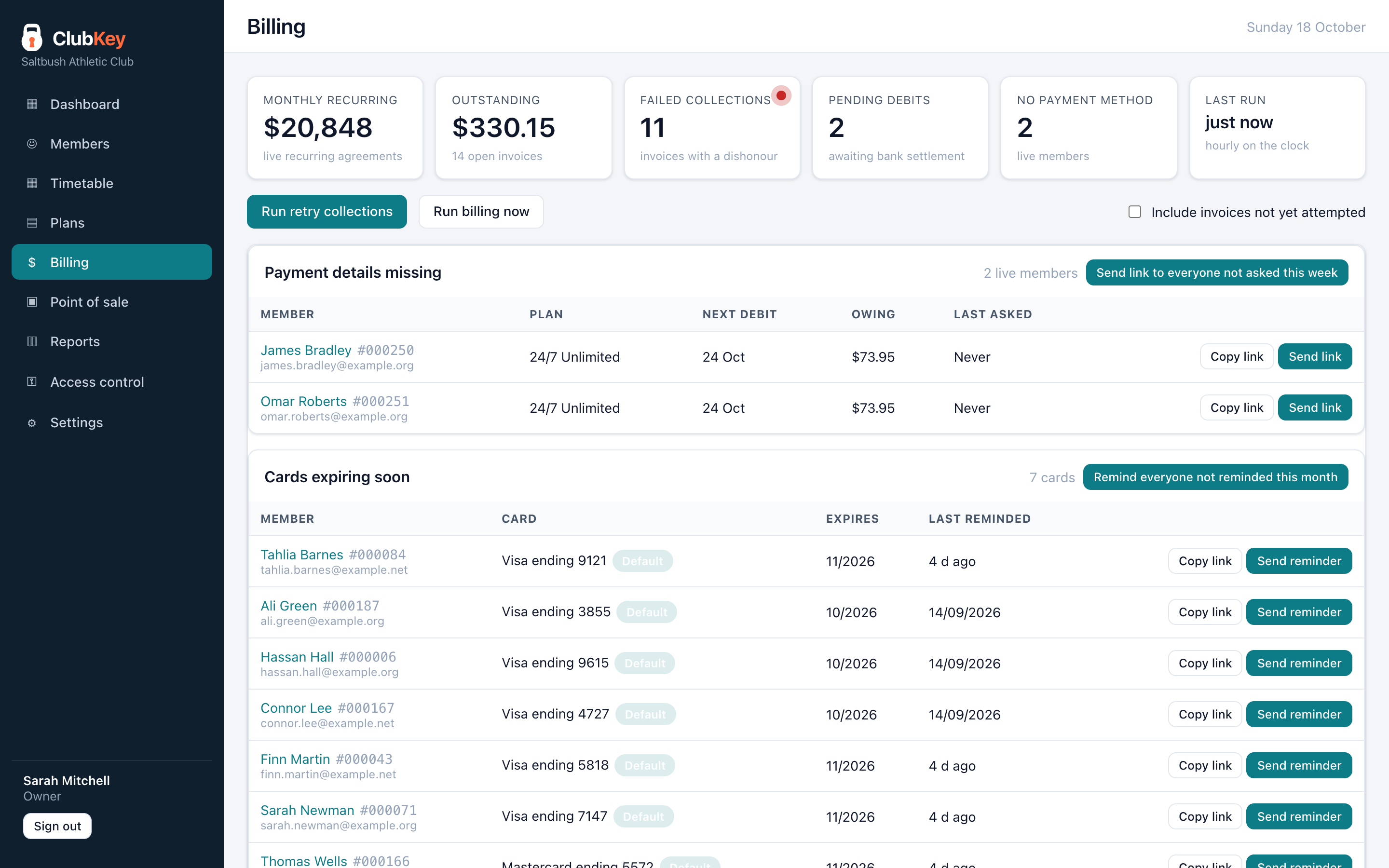 ClubKey's billing screen: payments collected, failed payments and retries