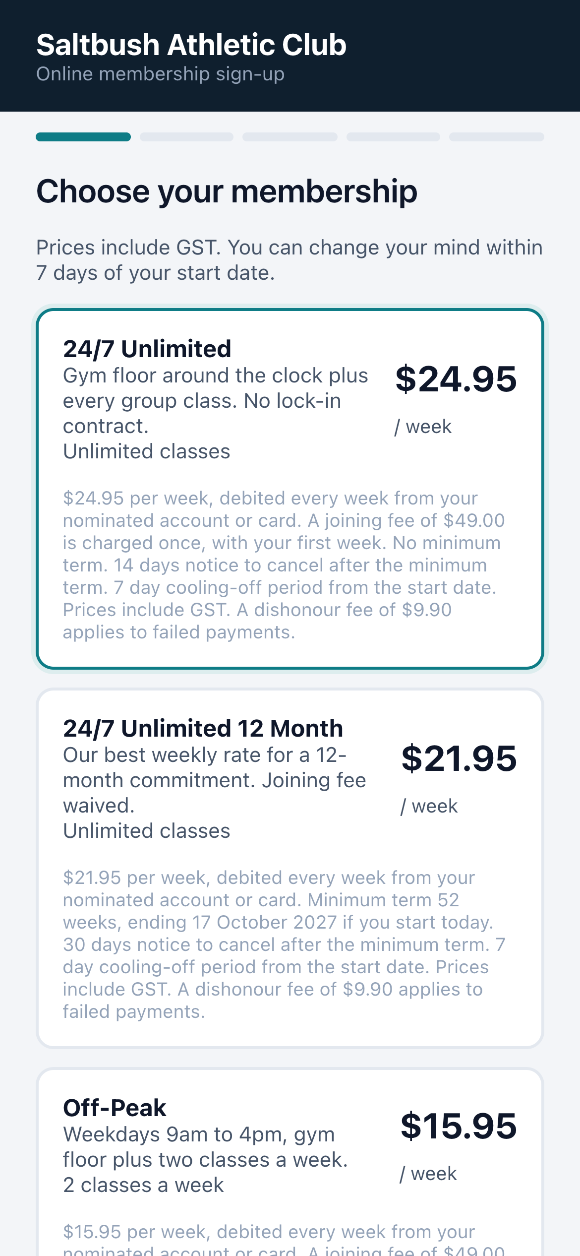 Joining a gym online from a phone