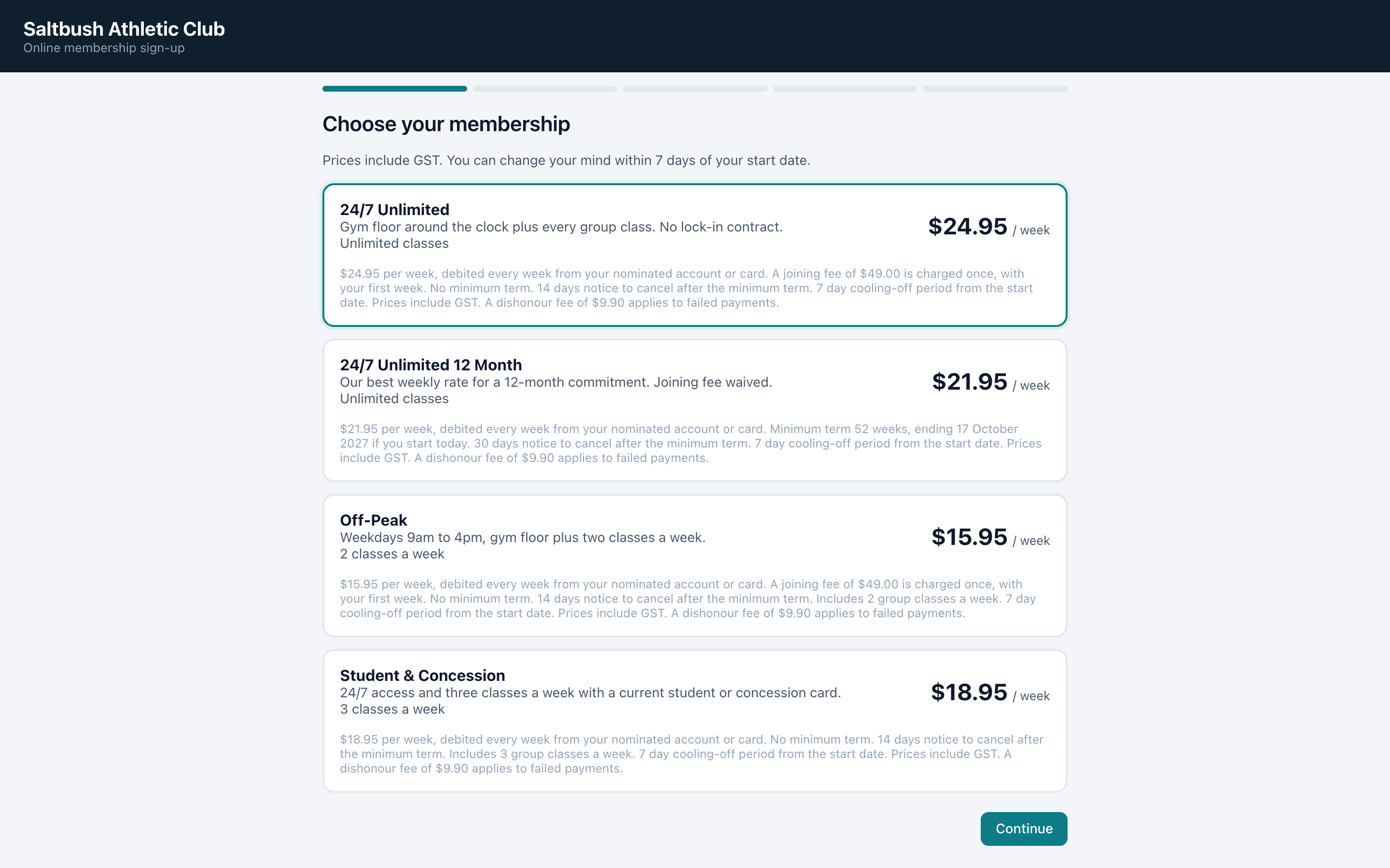 A gym's online join page in its own branding
