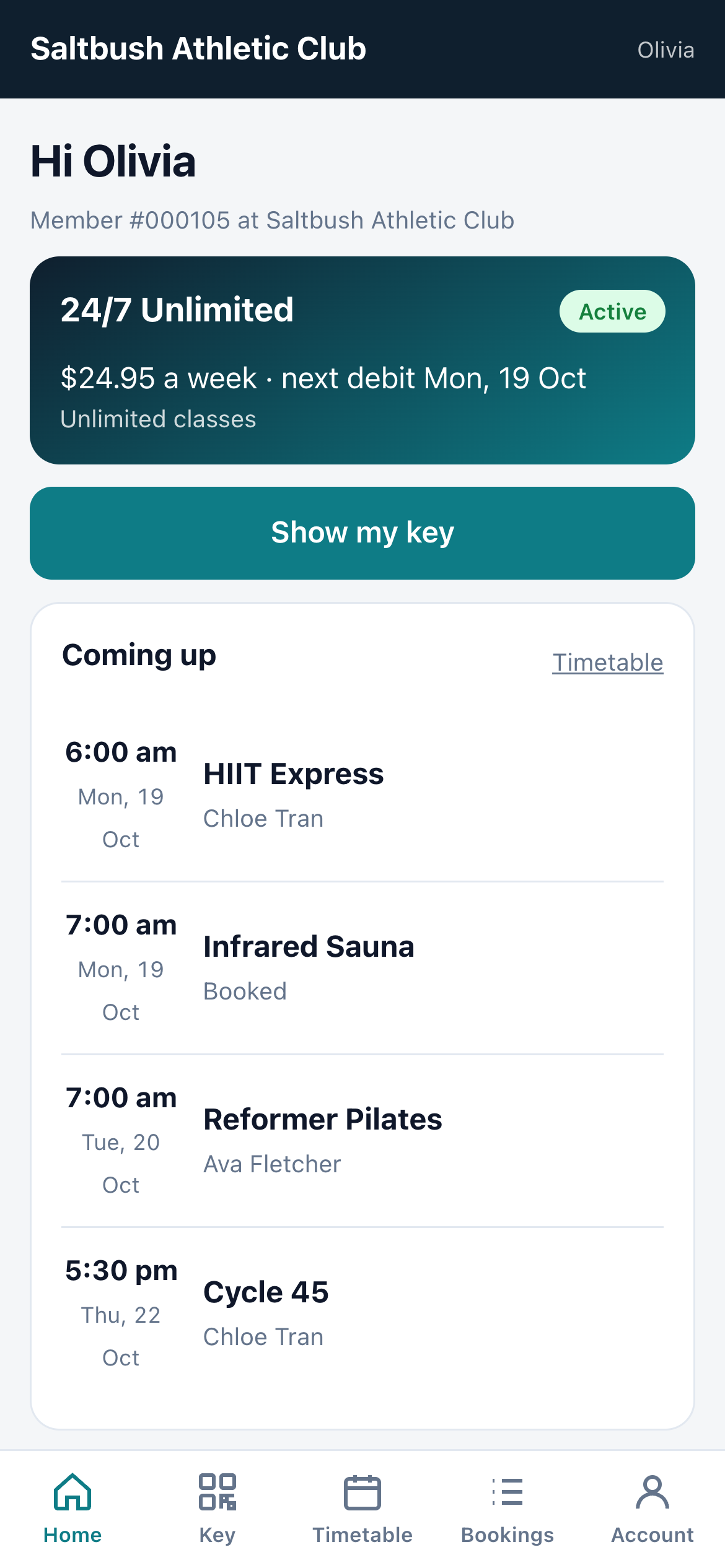 The member app home screen in the gym's own name